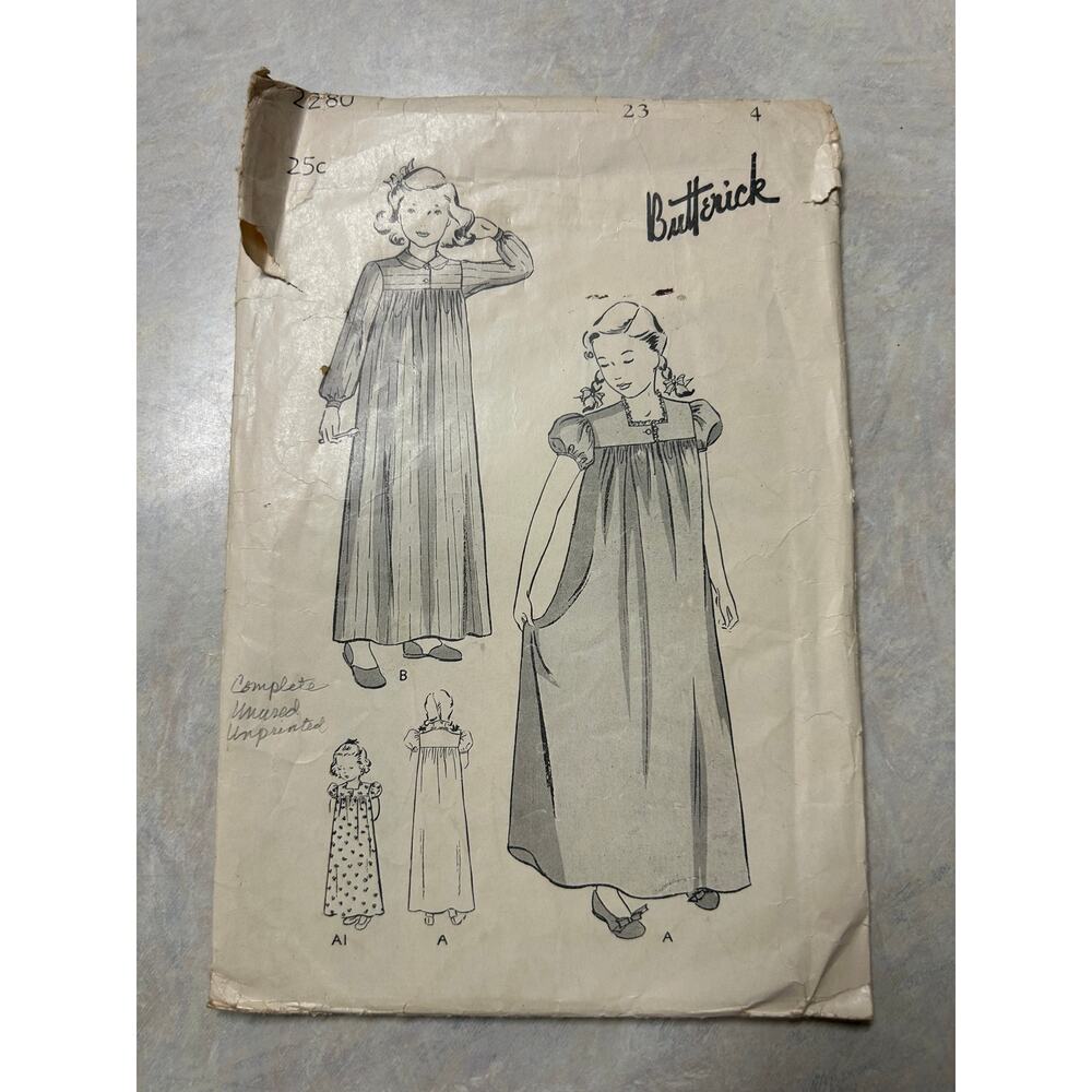 Vintage 1940's-50's Butterick Pattern #2280 Girls Nightgown Size‎ 4 HTF